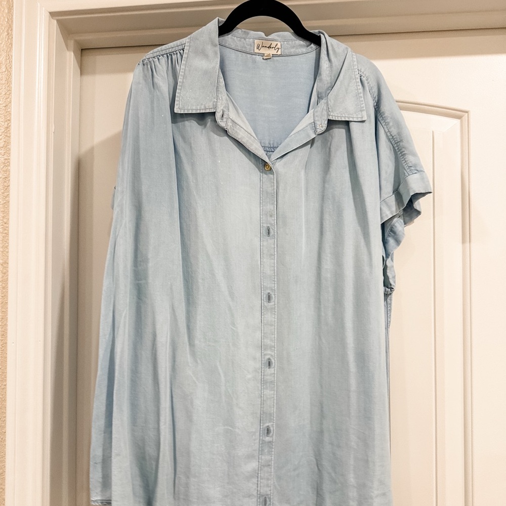 Wonderly Women’s Short Sleeve Denim Button Down Blouse, Size 3X